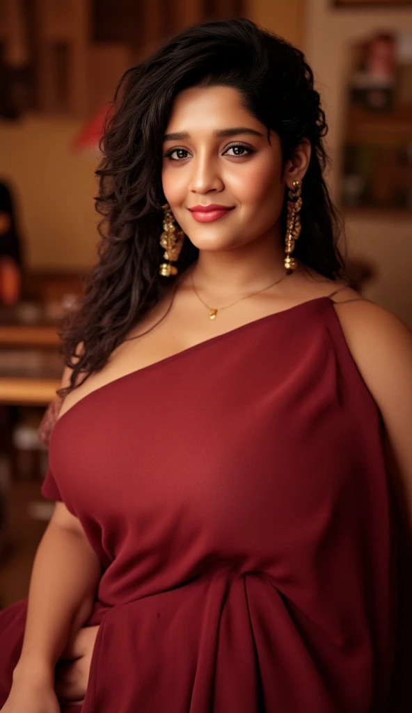  A young woman kneeling before me ,  your breasts huge overflowing from the tight fabric , crimson-toned saree .  eyes are wide with anticipation ,  shimmering with a mix of innocence and desire ,  as she looks directly into the camera ,  that is positione...