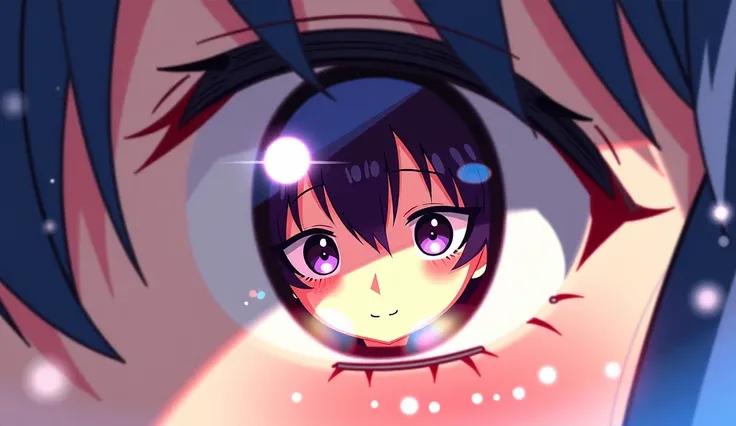 A manga-style illustration focusing on the close-up of a girl's eye, with the detailed reflection of another girl captured in the iris. The reflection is clear and vibrant, showing the other girl's face smiling gently, surrounded by soft, glowing lights. T...