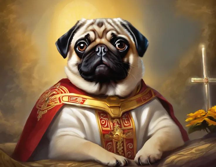 painting of a pug dog with a happy expression on his face, a digital painting by Arthur Pan, deviantart contest winner, digital art, pug, adorable digital painting, background artwork, portrait of a pug as the pope, painting of cute dog, high quality portr...