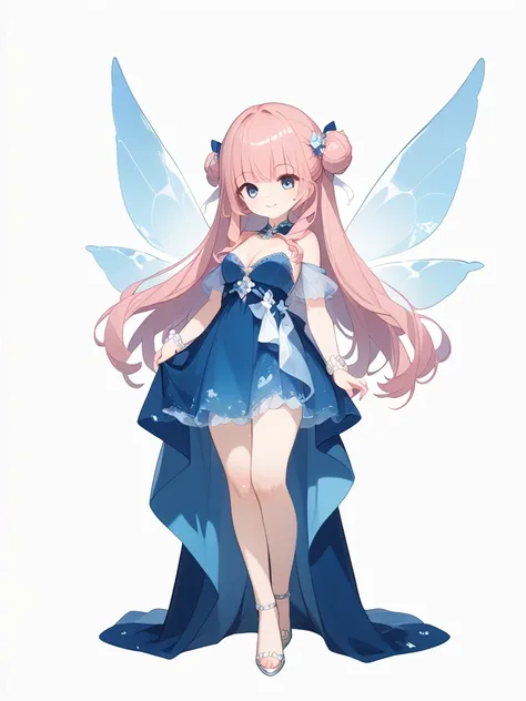  Elegant Blue Dress 、She has transparent wings on her back 。 long silvery hair、Deep Blue Eyes 、 in her eyes 、 The light of kindness and knowledge always shines 。 little character、 standing picture、 no background、The composition is full body