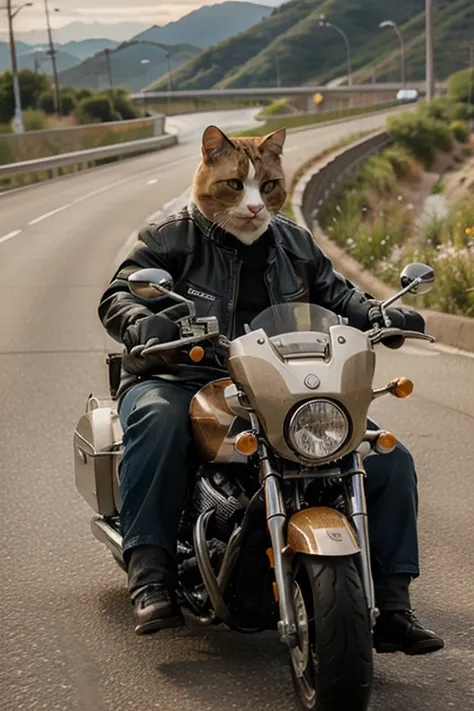 A fat cat of light brown color is riding a motorcycle on a highway