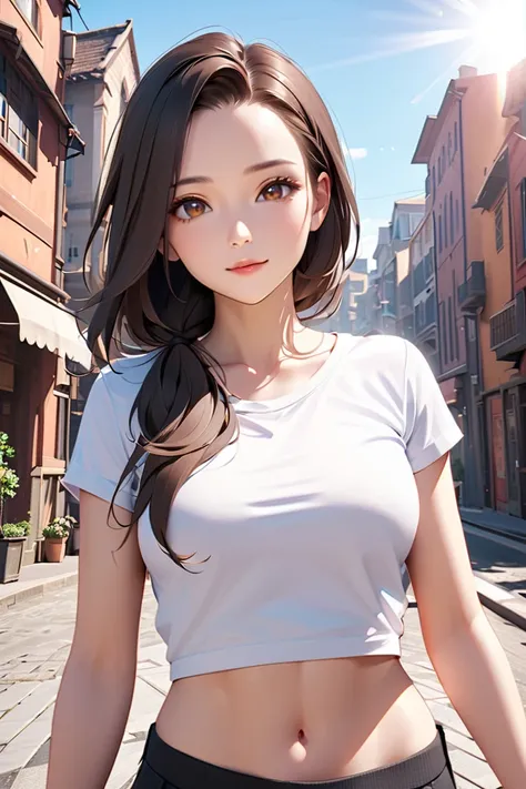   best quality , unity , soft , super detail,  beautiful , 8k, 1 girl ,  Black long hair , brown eyes, short sleeve crop top, outdoor, bright, sun,  clear sky, buildings in the city,  mature women, forehead