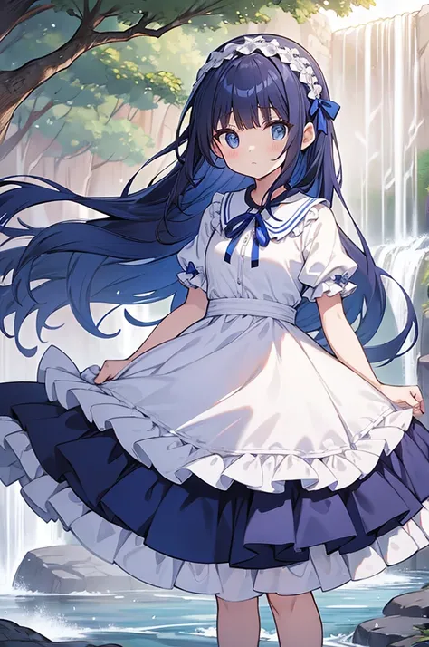  dark blue hair,  white ruffle dress ,  long, ribbon,  headband, river, Iwabe, waterfall, tree