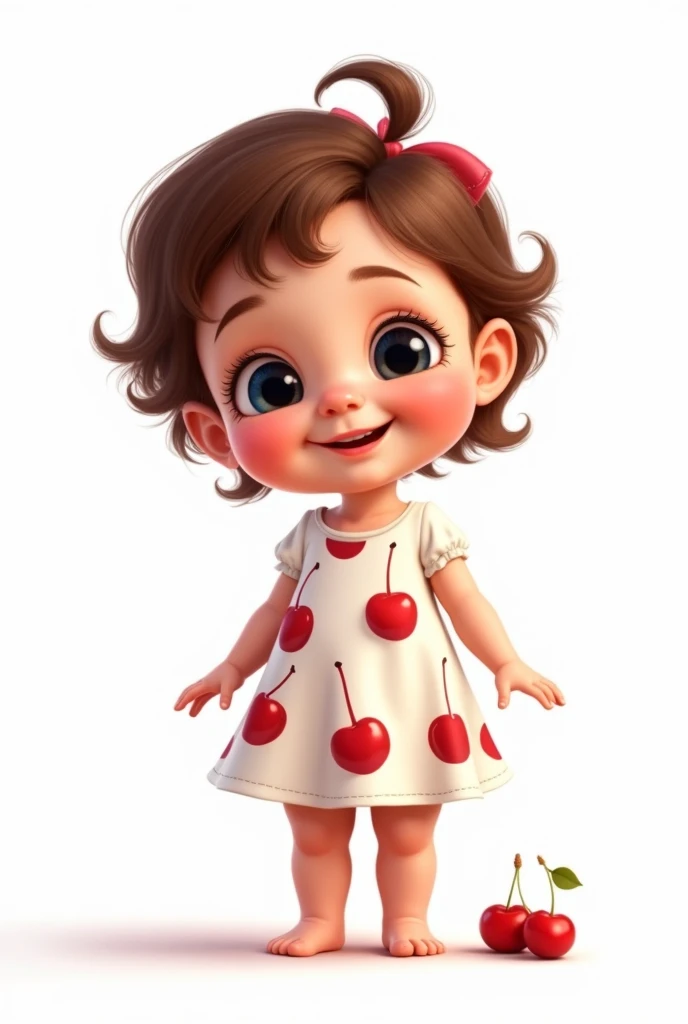 Brene Oliv, 10-month-old girl, brown hair, dimples on her cheek, fair skin, smiling, dark blue eyes, dressed in white full of cherries, standing, white background, with caricature lines, with shadows and textures that bring the scene to life.