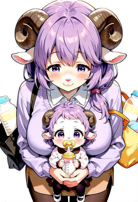 2girls, (furry, kemono:1.4), sheep girls, animal noses, sheep ears, sheep horns, multiple girls, Warm Embrace, sheep mother and daughter, pacifier, purple hair, purple eyes, baby, carrying, baby bottle, long hair, skirt, shirt, simple background, white bac...