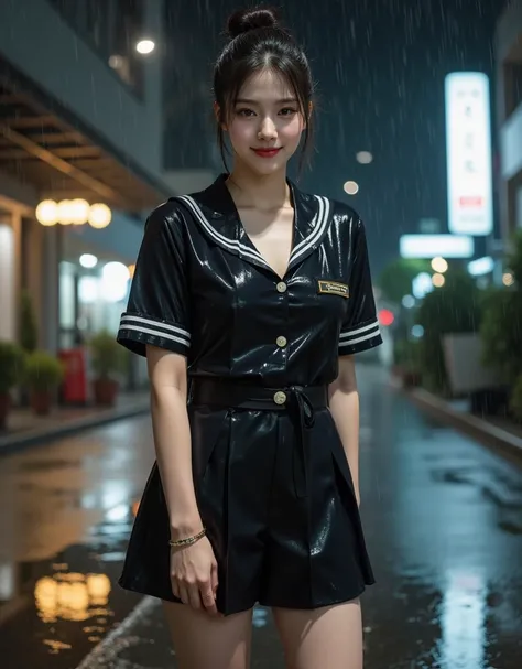 ( Super Cute Busty Korean Female College Student Standing in the Heavy Rain:1.2)(Grinning,smile:1.2)( I'm happy:1.1)(16k,  RAW photos ,  top quality,  Masterpiece: 1.2),( cute bun hair with glossy black hair)  super detailed,  super resolution on the floor...