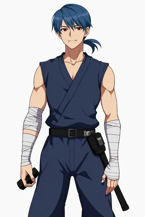  Pandev (Protagonist – The Cunning Fighter)**Age: 19-21
Appearance:
Blue hair, tied back in a short ponytail
A scar over one eye (but still sees perfectly)
Wears a dark blue vest, loose pants, and bandages on his arms
Nunchucks strapped to his belt
Persona...