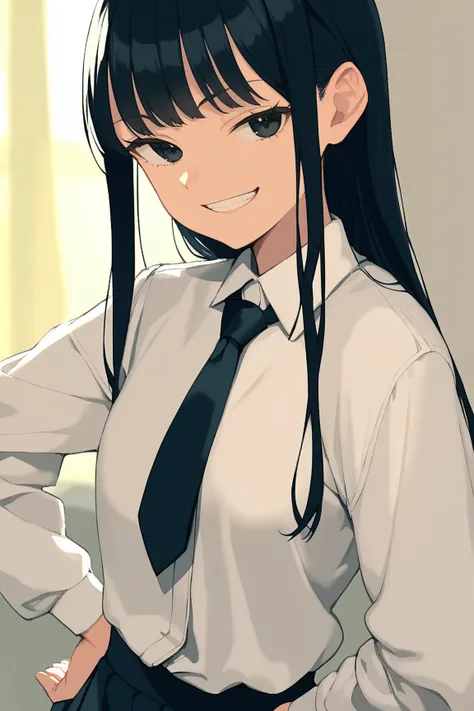 score_9, score_8_up, score_7_up, source_anime,anime screencap,anime coloring, , 1girl, solo, Rin Kimura, black hair, black eyes, long hair, black jacket, white shirt, black necktie, black skirt, smug smile, hand on hips, teeth, upper body, young girl, 14yo...