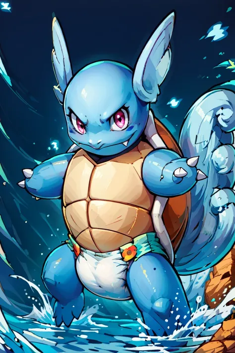 score_9, score_8_up, score_8, zzWartortle, no humans,  fierce expression, standing on a rocky shore, crashing waves, glowing blue aura, water splashing everywhere, stormy sky background, dynamic pose, intense atmosphere, detailed shell and fins, looking at...