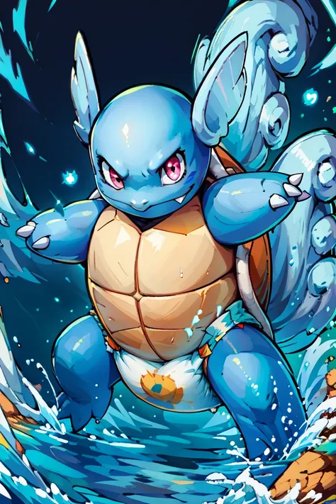 score_9, score_8_up, score_8, zzWartortle, no humans,  fierce expression, standing on a rocky shore, crashing waves, glowing blue aura, water splashing everywhere, stormy sky background, dynamic pose, intense atmosphere, detailed shell and fins, looking at...