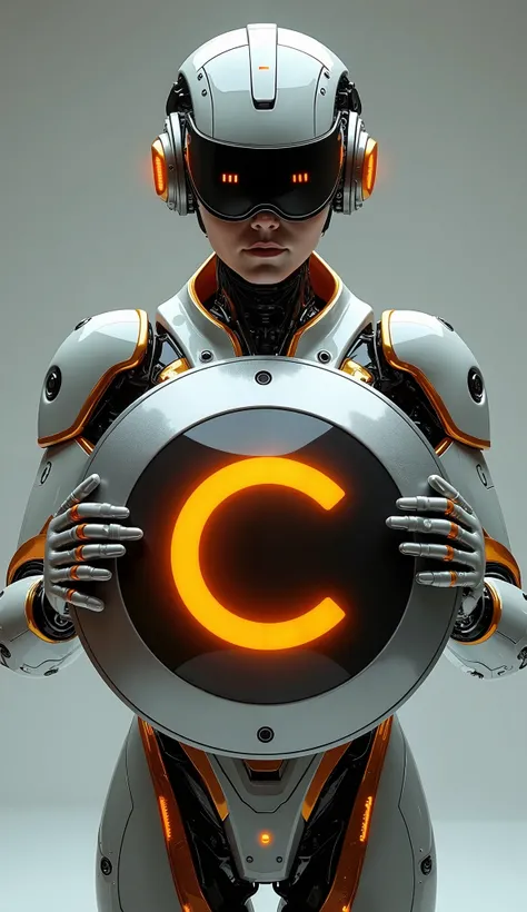 a futuristic female AI robot front-facing midshot. she is holding big round futuristic shield with big ‘c’ logo with black metal texture at the bottom with her hands . Round Sheildcovering her body. She wears advanced futuristic vr glasses with led display...