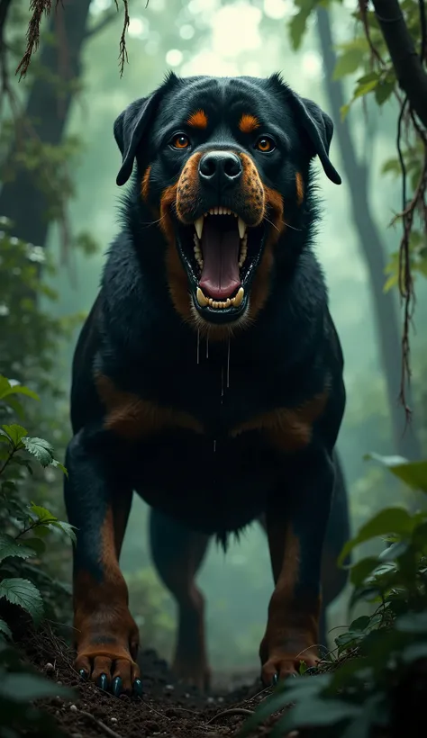 Deadly rottweiler dog barking in jungle deep dark