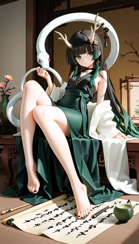 1girl, black braid Hair, dark green Gradient Hair, blunt bangs, hime cut, snake, horns, flat Breast, Traditional office suit, high waist, side slit long skirt, Choker, bare legs, foot, toenails, black nails, masterpiece, best quality, Perfect details, perf...