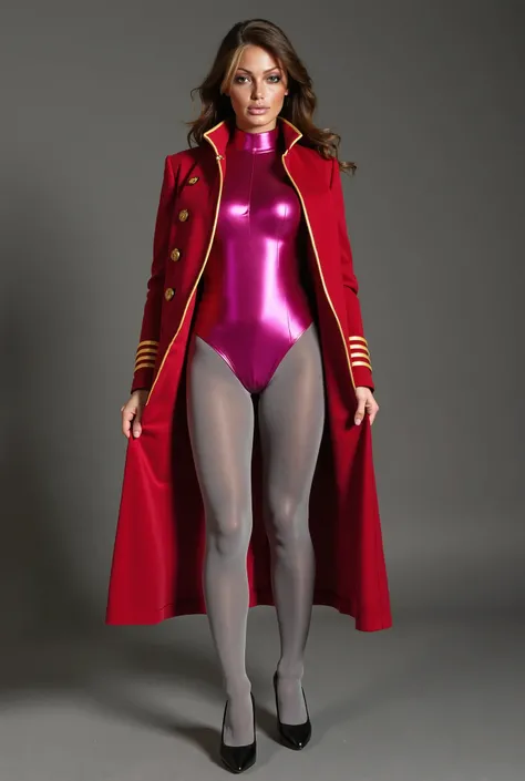 A Young Captain Hook lady is wearing a shiny pink long-sleeved leotard with a high neck, gray tights and light gray high-knee stockings all together, a red medium coat decorated with two gold strips, and black high heels, and she is doing a very sexy pose.