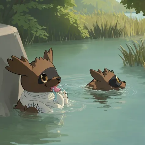 nature, photograph, brown zigzagoon swimming in a lake, funny licking up water from the lake, wall eyed, thick diaper 