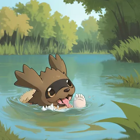 nature, photograph, brown zigzagoon swimming in a lake, funny licking up water from the lake, wall eyed, thick diaper 