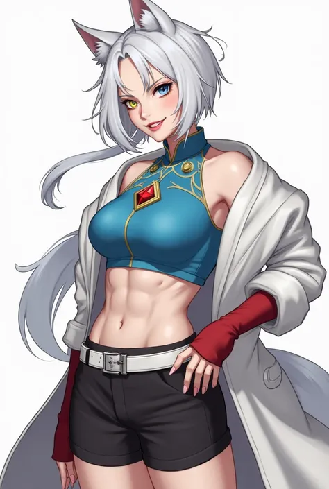 Adult woman, older woman, mature, fantasy, short white hair, long ponytail, wild hair, parted bangs, blue eye, yellow eye, white fox ears, white wolf tail, diamond shaped jewel in forehead, backless blue chinese shirt, design on shirt, white belt, black sh...