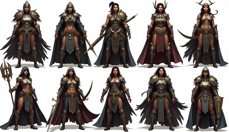 An extraordinary set of nine woman's jungle hero character portraits, each in full body design individual and in white background .Each character is intricately designed with perfect proportions, symmetrical details, and rich textures on metal, cloth, and ...