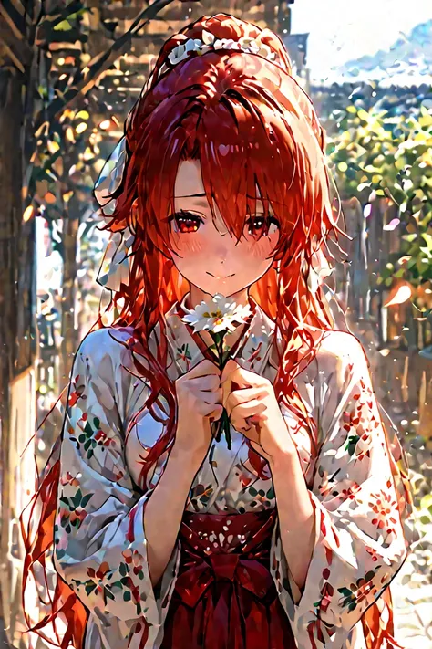  Hinata Hinata,  beautiful青色の長い髪, eyes,  Sandahama, ,  holding flowers, shy, smile, dress,( beautifuls piernas)( beautiful)( from below)(Japanese Clothing)