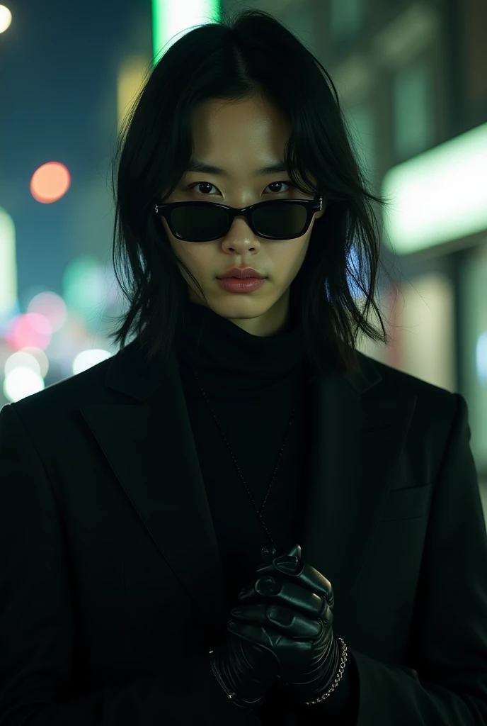 Dashing Youth Dorama Baili Dong Jun realistic adult boy with long black hair and black eyes wearing a black outfit from the movie Matrix with a serious expression on his face with black glasses on his face with black leather gloves on his hands in a city a...