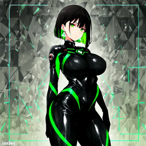 masterpiece, (((( best quality )))),,character profilele,,1 girl, Japanese anime,shiny skin, wearing a black pilot suit, dark hair, short bob hair,The inner color of the hair is green, green eyes,isosceles triangle earrings,Very thick legs,large breasts