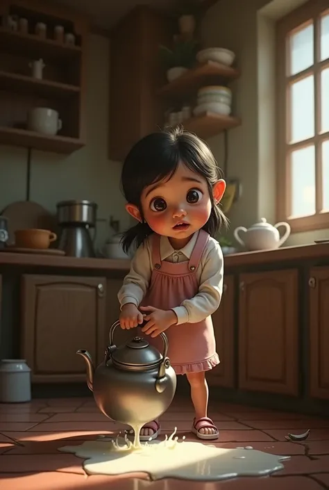 

2. The  daughter holding a kettle, losing grip
A young girl, around , standing in a kitchen with wide eyes and a panicked expression. She’s holding a traditional metal kettle, and it’s slipping from her hands, with a trail of milk spilling from it. The k...