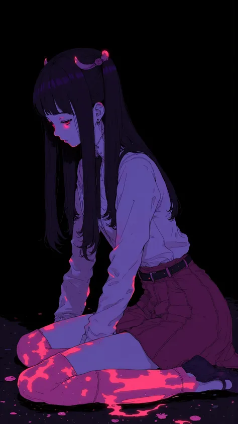   1 girl in uniform ,  twin tails on legs,Horn,Limited palette ,   black background ,  colorful ,  lively,Glowing Contours, neon ,  black light  , in any pose , dynamic,   action、 put your hands on the floor、An aura envelops the body、