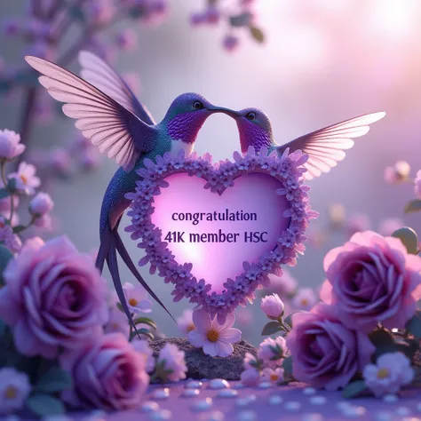 A captivating 3D rendering showcases a nameplate that reads "congratulation 41K member HSC groub " with a violet heart, signifying love and
affection. A graceful adorned hummingbird, featuring violet rose flowers and baby's breath, create a whimsical and e...