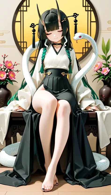 1girl, closed eyes, black long braids Hair, dark green Gradient Hair, blunt bangs, hime cut, soft smile, snake, horns, flat Breast, Traditional office suit, high waist, side slit long skirt, Choker, bare legs, foot, toenails, black nails, masterpiece, best...