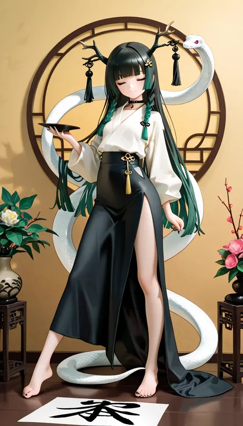 1girl, closed eyes, black long braids Hair, dark green Gradient Hair, blunt bangs, hime cut, soft smile, snake, horns, flat Breast, Traditional office suit, high waist, side slit long skirt, Choker, bare legs, foot, toenails, black nails, masterpiece, best...