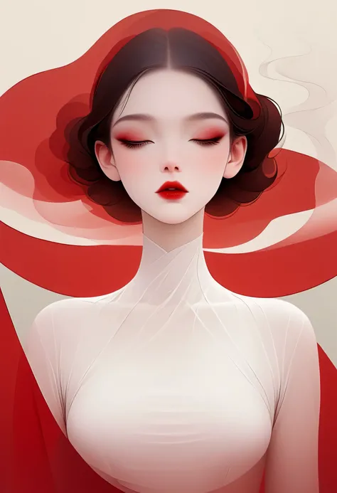 ( masterpiece,  top quality:1.2),  1 girl working part-time,  alone, beautiful face， red lips，Minimalism Art Nouveau，  illustration style  ，Black and red