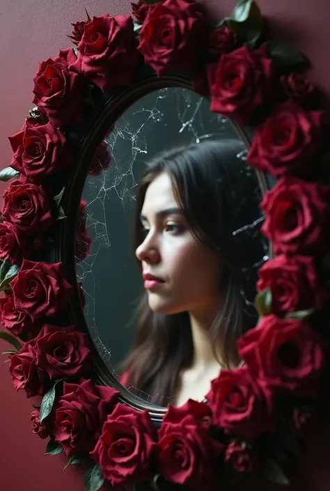 An image of shades of black and red wine where there is a mirror with a very wilted and broken flower frame with many cracks and also a girl who can't see just a little of her reflection like that, since the cracks are large and the flowers are very marqui...