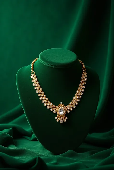 a beautiful golden neckless on a luxuries green background
the neckless is in the midlle tacking one third of the space and the rest is empty. ther is a desegnated free space for text and logo
