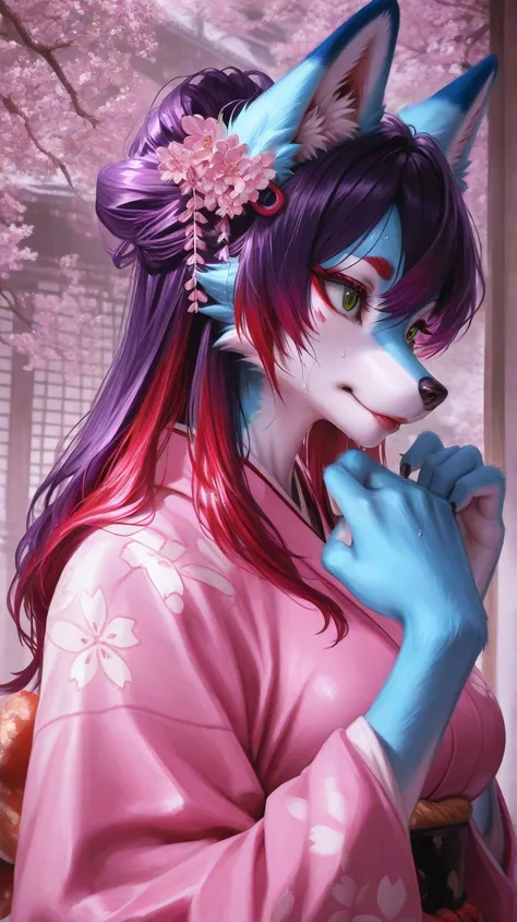 Japan traditional buildings, cherry blossom, close up, solo female furry fox, female has green eyes, purple hair with red hair tips, female with blue fur body, snout, wolf ears, wolfy furry fox (light color:1.4)GBF_style、748cmstyle、32K、 is present、Artistic...