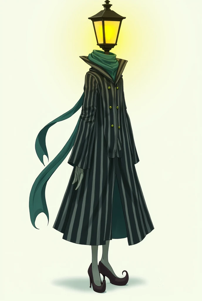 A surreal humanoid figure with a street lamp for a head, glowing with warm yellow light. The character wears a flowing black and white striped coat with a high collar, flaring dramatically. A long, teal scarf flows behind them, adding to the whimsical and ...