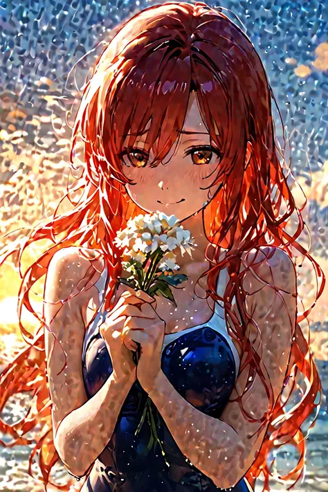  Hinata Hinata,  beautiful青色の長い髪, eyes,  Sandahama, ,  holding flowers, shy, smile, swimsuit,( beautifuls piernas)( beautiful)( from below)(Japan&#39;s Seas),The Sun's Dazzling Sunlight