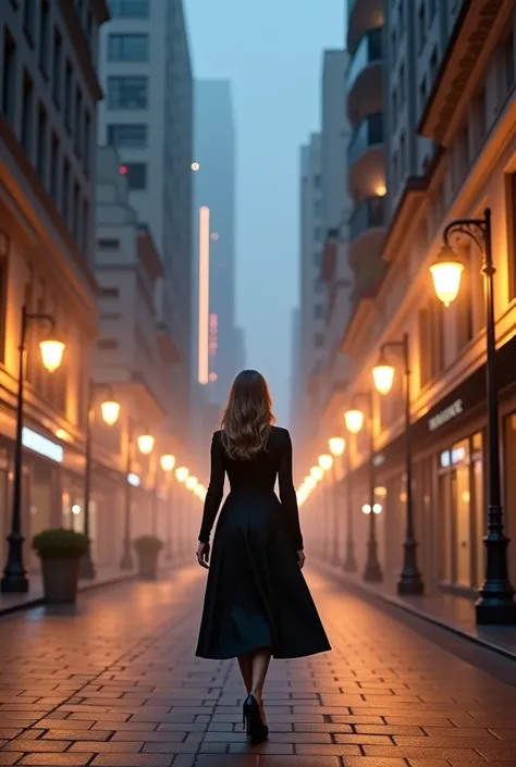 A beautiful woman of 45 years old, elegant, with well-groomed hair, in stylish clothes, walks along an evening city street. The street is illuminated by lanterns, around high-rise buildings with bright lights, light fog, the atmosphere is mysterious and ro...