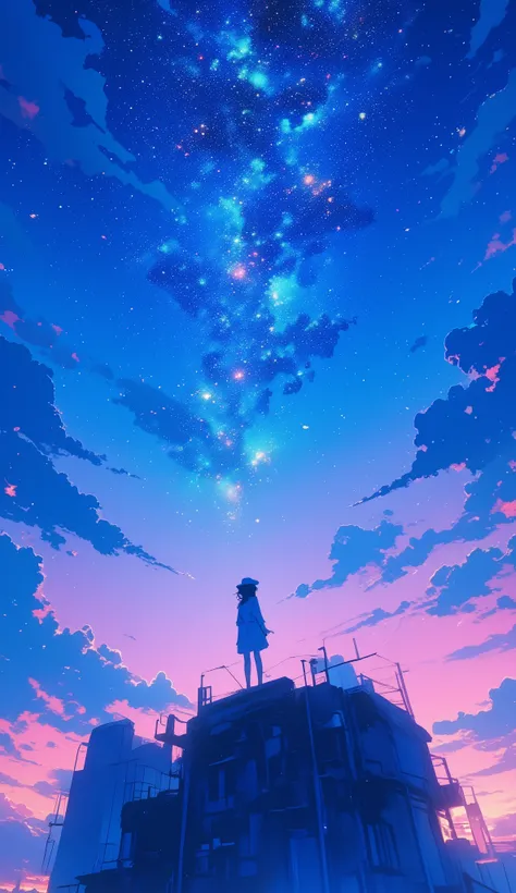 masterpiece, concept art, wide shot, a girl standing on top of a building under a sky full of stars,panoramic centered view of girl, under blue clouds, chillhop, glittering stars scattered about, blue hat, movie promotional image, blue-pink hour photograph...