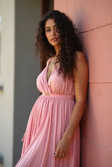 a close up of a woman in a pink dress standing in front of a wall, a picture by Max Dauthendey, instagram, hurufiyya, candid picture, candid shot, sexy look, close up half body shot, with lovely look, candid photo, side pose, thick body, thick, very beauti...