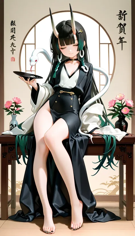 1girl, closed eyes, black long braids Hair, dark green Gradient Hair, blunt bangs, hime cut, soft smile, snake, horns, flat Breast, Traditional office suit, high waist, side slit long skirt, Choker, bare legs, foot, toenails, black nails, masterpiece, best...