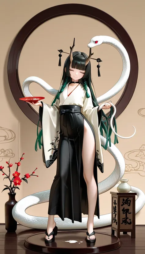 1girl, closed eyes, black long braids Hair, dark green Gradient Hair, blunt bangs, hime cut, soft smile, snake, horns, flat Breast, Traditional office suit, high waist, side slit long skirt, Choker, bare legs, foot, toenails, black nails, masterpiece, best...