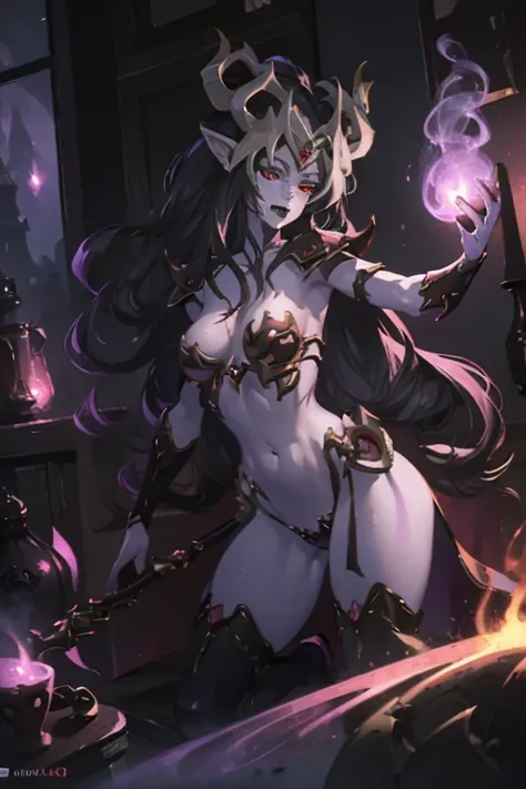 Beautiful Alluring female drow knight, Mythology Theme, Fantasy Theme, purple Skin, fair long white hair, red eyes, a cup size extremely small breasts, Inside A magical dark bioluminescent mushroom forest, Barely Clothed, gothic spiked bikini armor, Beauti...