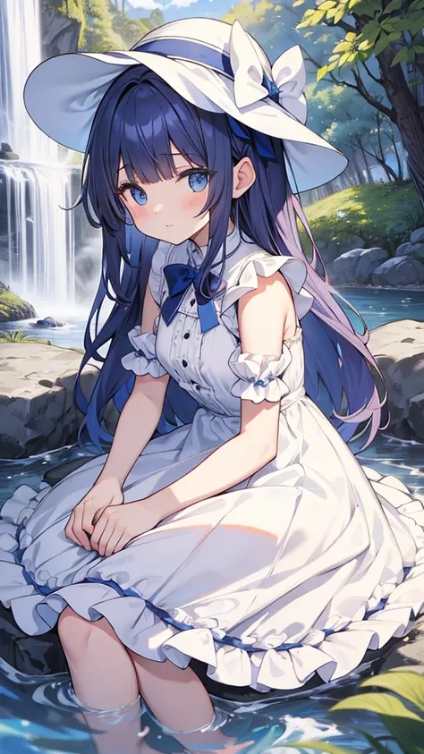  dark blue hair,  white ruffle dress , Long frill ,  , frill hat white, river, Iwabe, waterfall,  sitting on a rock,  ish, 