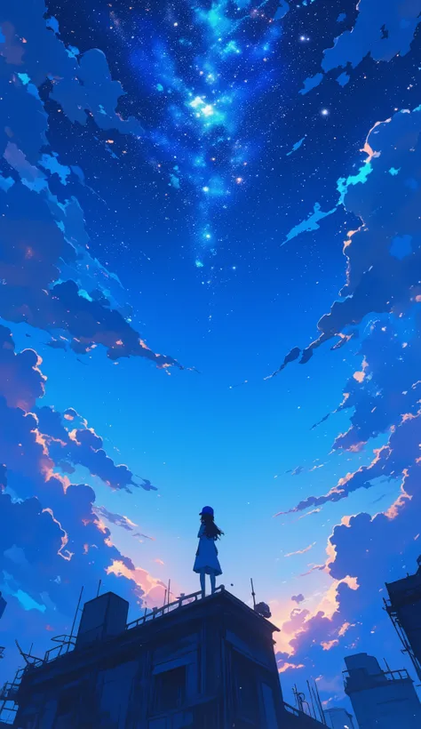 masterpiece, concept art, wide shot, a girl standing on top of a building under a sky full of stars,panoramic centered view of girl, under blue clouds, chillhop, glittering stars scattered about, blue hat, movie promotional image, blue hour photography, fr...