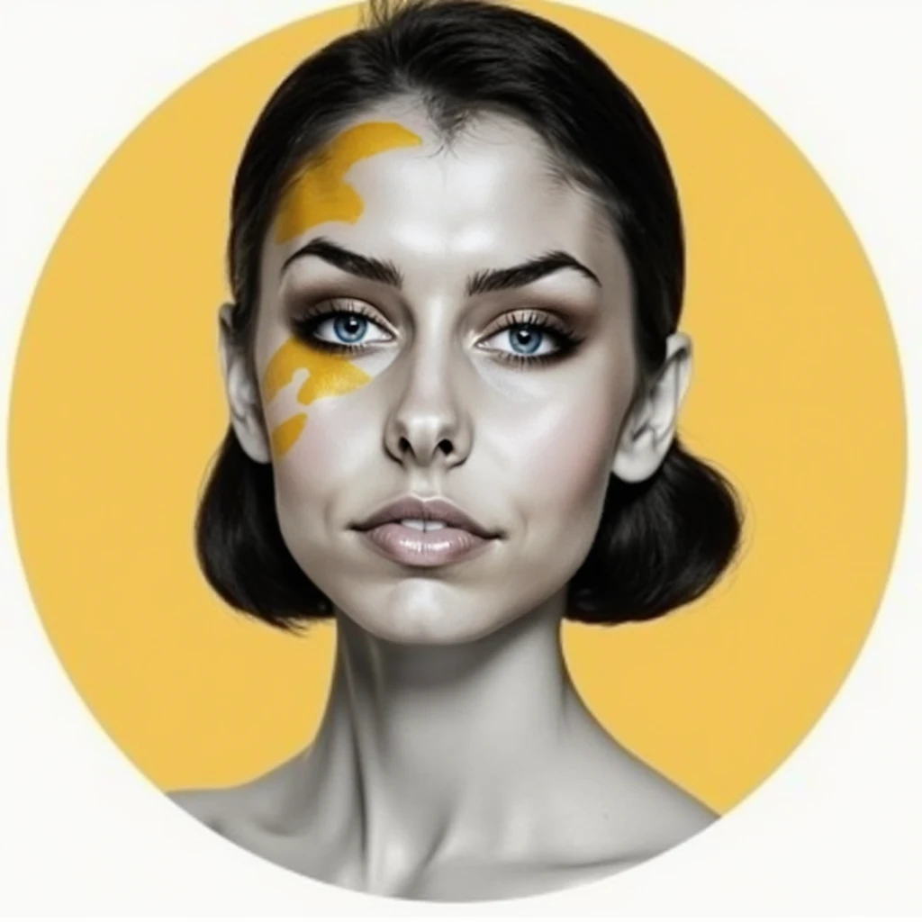 A black-and-white photograph of an elegant woman with mustard yellow and periwinkle paint brush strokes on her face. The background is a light mustard circle. The overall image has a minimalist style.