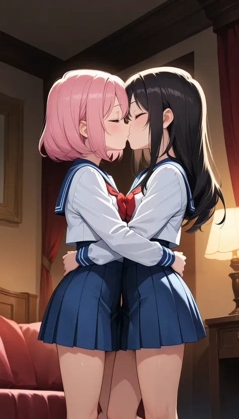 young school girl,  2 women, ((Facing each other,  hugをする:1.6)),  sailor suit,  pleated miniskirt full of love,  random hair color , Random eye color, Obscene expression, Hold me tight, Kiss, Warm embrace, Love is overflowing,  hug:1.2,  sexy,  cinematic l...