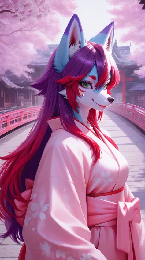 Japan traditional buildings, bridge, cherry blossom, close up, solo female furry fox, female has green eyes, purple hair with red hair tips, female with pastel light blue fur body, snout, wolf ears, wolfy furry fox (light color:1.4)GBF_style、748cmstyle、32K...