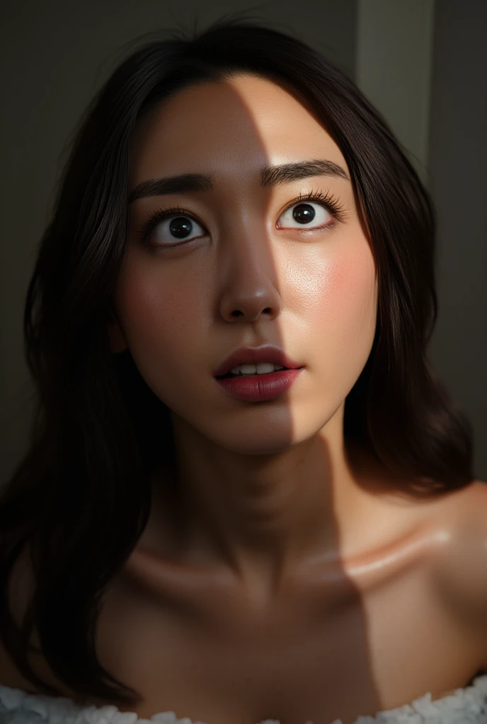   beautiful girl,  kneel in front of viewers ,  There was a shadow of a big penis on her face ,   she looks up at her penis with awe  ,     detailed facial features from genitals  ,   photorealistic,   Dramatic Lighting,   high quality, 8k,   very detailed...