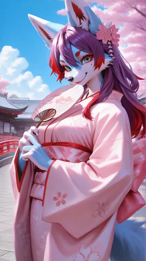 Japan traditional buildings, blue sky, clouds, bridge, cherry blossom, close up, solo female furry fox, female has green eyes, purple hair with red hair tips, female with pastel light blue fur body, snout, wolf ears, wolfy furry fox (light color:1.4)GBF_st...