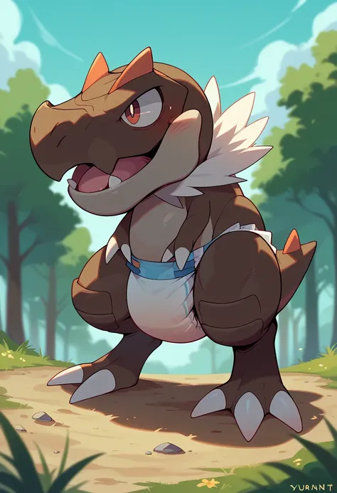 score_9, score_8_up, score_7_up, score_6_up, source_furry, solo, dof,  full-length portrait, blurred background,  tyrunt, pokemon (creature), thick diaper, dinosaur, cinematic, biting,